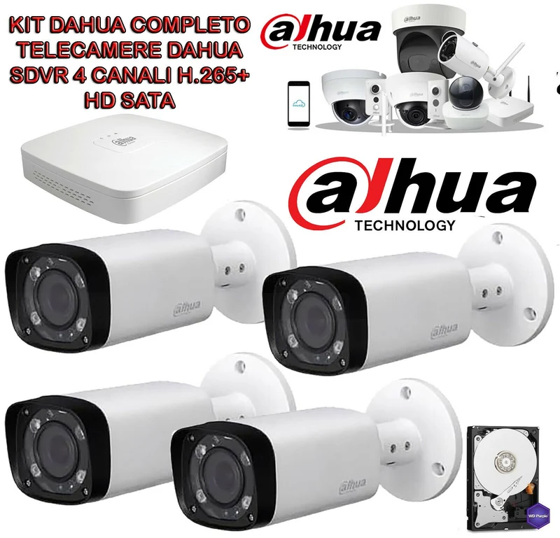 KIT DAHUA HDCVI TELECAMERE IBRIDE 4 in1 2.8mm + DVR 4 5MPX + HD 500GB