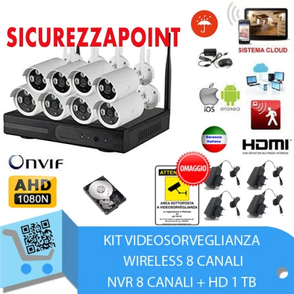 KIT VIDEOSORVEGLIANZA WIRELESS FULL WIFI HD IP 8 TELECAMERE NVR LAN REMOTO 3G HARD DISK 500 gb