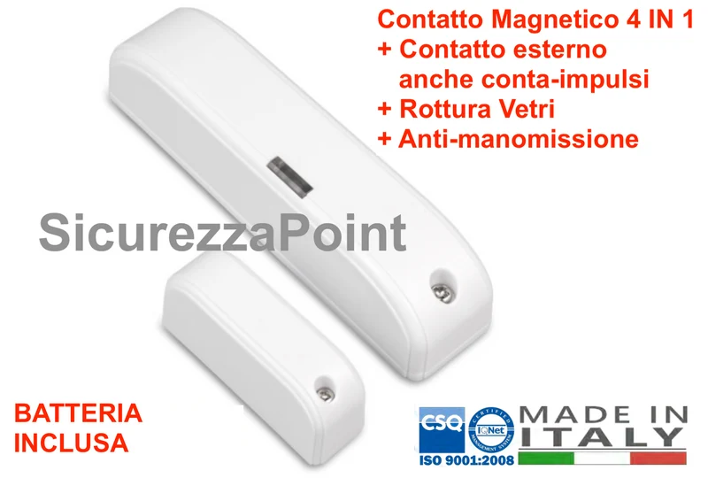Sensore 4 funzioni rottura vetri + urto + vibrazione + magnetico per porte o finestre HDPRO wireless