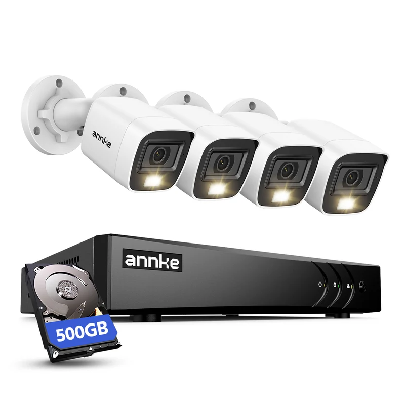 ANNKE 3K Lite DVR, 2MP Visione Notturna a Colori Telecamere, 500GB HDD, DVR 8 Canali con Riconoscimento Persone/Veicoli, 4x 1080P Telecamera Analogica Kit Videosorveglianza Esterno, Accesso Remoto