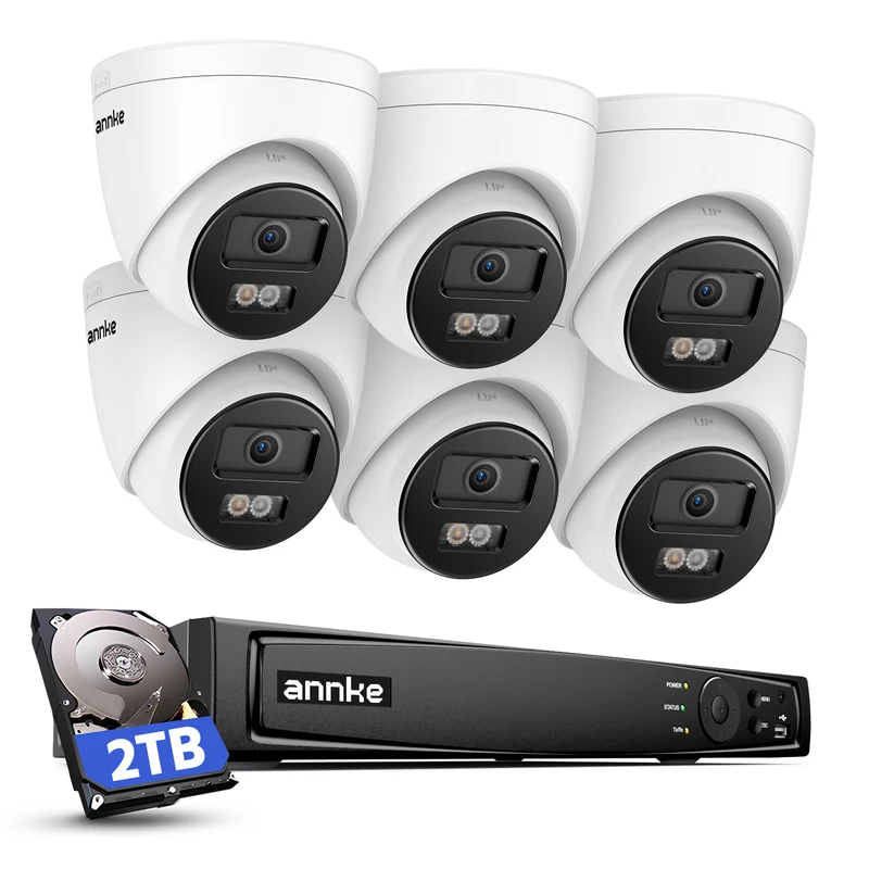 ANNKE Set telecamera di sorveglianza 4K PoE per esterni, NVR a 8 canali con HDD da 2 TB per registrazione 24/7, 6 telecamere IP PoE da 8 MP con visione notturna a colori, rilevamento di persone e