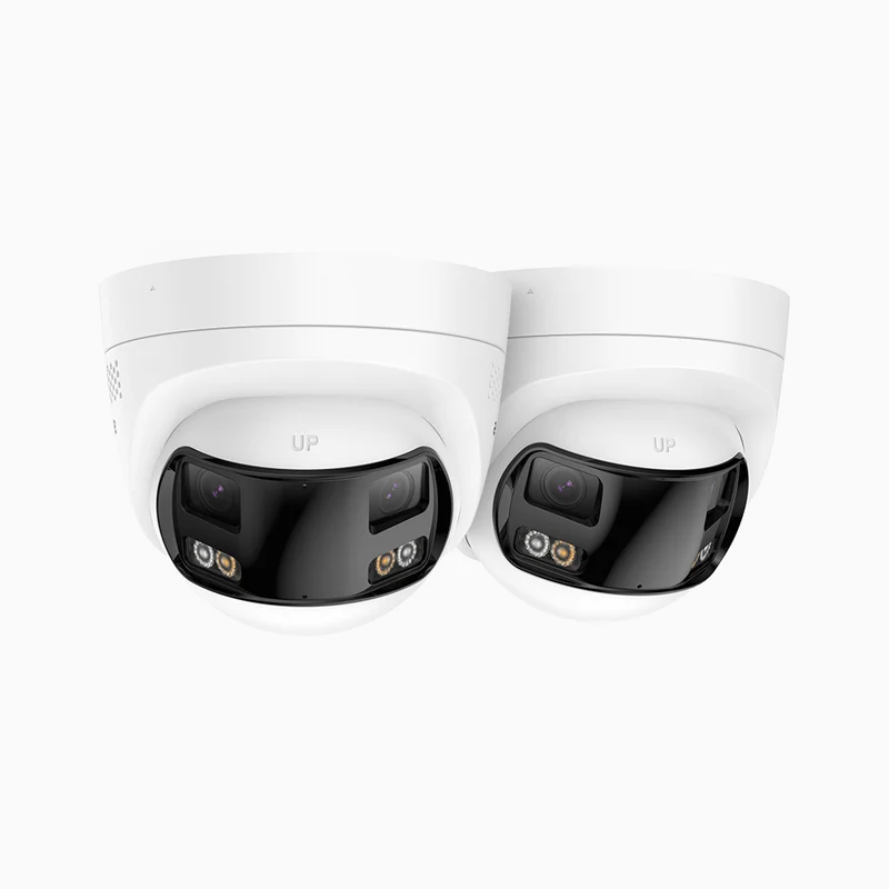 FCD800 - Kit Di 2 Telecamera di sicurezza panoramica per esterni PoE a 4K doppia lente, vista panoramica a 180°, campo visivo verticale di 77°, visione notturna intelligente a colori, deterrenza attiva e audio bidirezionale