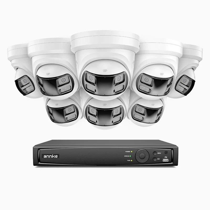 FDH800P - Kit videosorveglianza PoE 8 canali con 8 doppia lente telecamere 4K, Vista Panoramica a 180°, Scocca Interamente in Metallo, Smart Motion 2.0, Visione Notturna, Audio Bidirezionale, Sirena e Allarme Attivo, Rilevamento Persone e Veicoli, IP67