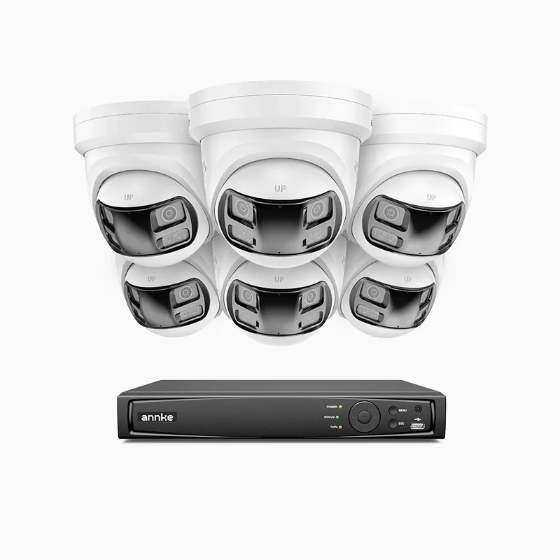FDH800P - Kit videosorveglianza PoE 8 canali con 6 doppia lente telecamere 4K, Vista Panoramica a 180°, Scocca Interamente in Metallo, Smart Motion 2.0, Visione Notturna, Audio Bidirezionale, Sirena e Allarme Attivo, Rilevamento Persone e Veicoli, IP67
