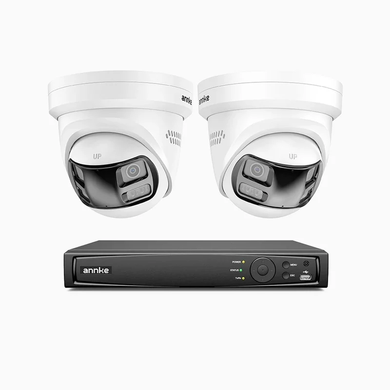 FDH800P - Kit videosorveglianza PoE 8 canali con 2 doppia lente telecamere 4K, Vista Panoramica a 180°, Scocca Interamente in Metallo, Smart Motion 2.0, Visione Notturna, Audio Bidirezionale, Sirena e Allarme Attivo, Rilevamento Persone e Veicoli, IP67