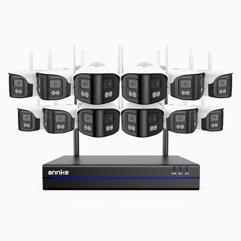WSCD400P - Kit videosorveglianza wireless 16 canali con 12 telecamere Dual-Lens 4MP, angolo 170°, WiFi dual-band 2,4/5 GHz, visione notturna a colori, rilevamento movimento, audio bidirezionale, compatibile con Alexa