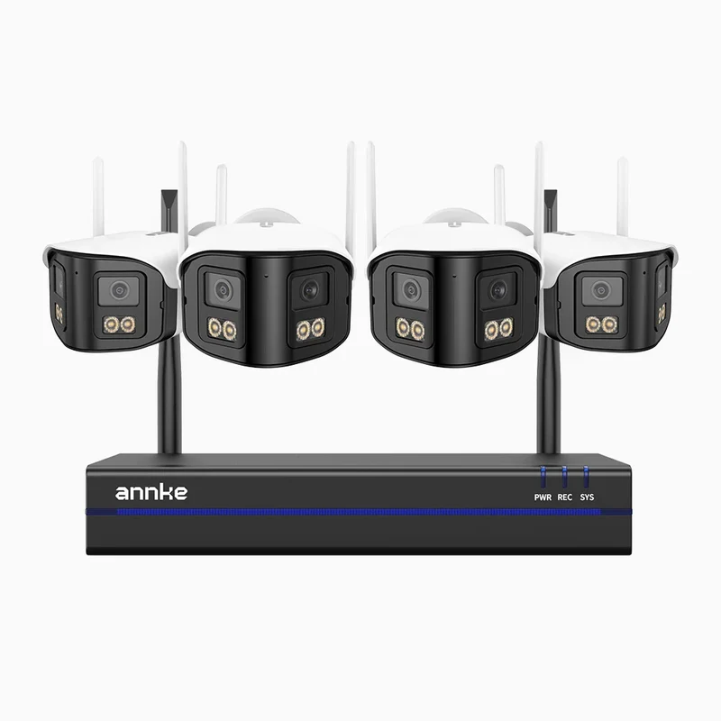 WSCD400P - Kit videosorveglianza wireless 8 canali con 4 telecamere Dual-Lens 4MP, angolo 170°, WiFi dual-band 2,4/5 GHz, visione notturna a colori, rilevamento movimento, audio bidirezionale, compatibile con Alexa