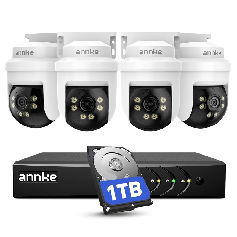 ANNKE 3K Kit Telecamere Videosorveglianza Cablate per Esterni, 4X 3K PTZ Telecamere con Audio, 5MP Lite DVR 8 Canali con Rilevamento IA di Persone/Veicoli e Hard Disk 1TB, Visione Notturna IR 100ft