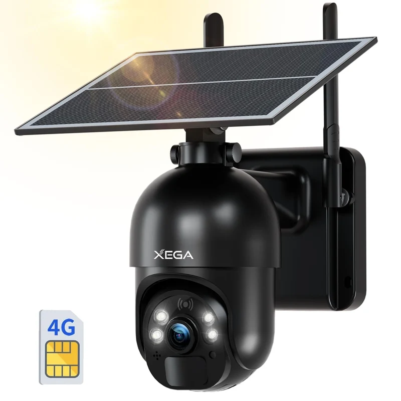 Xega 4G LTE Telecamera Solare Esterno con SIM Scheda 2K HD PTZ Senza Fili | 355°/95°Telecamere