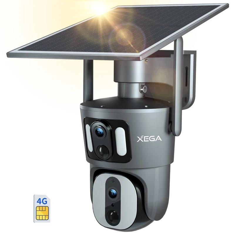 Xega 4G LTE Telecamera Solare Esterno Collegamento a doppia lente Vista a 360° Doppio Schermo Visione Notturna a Colori