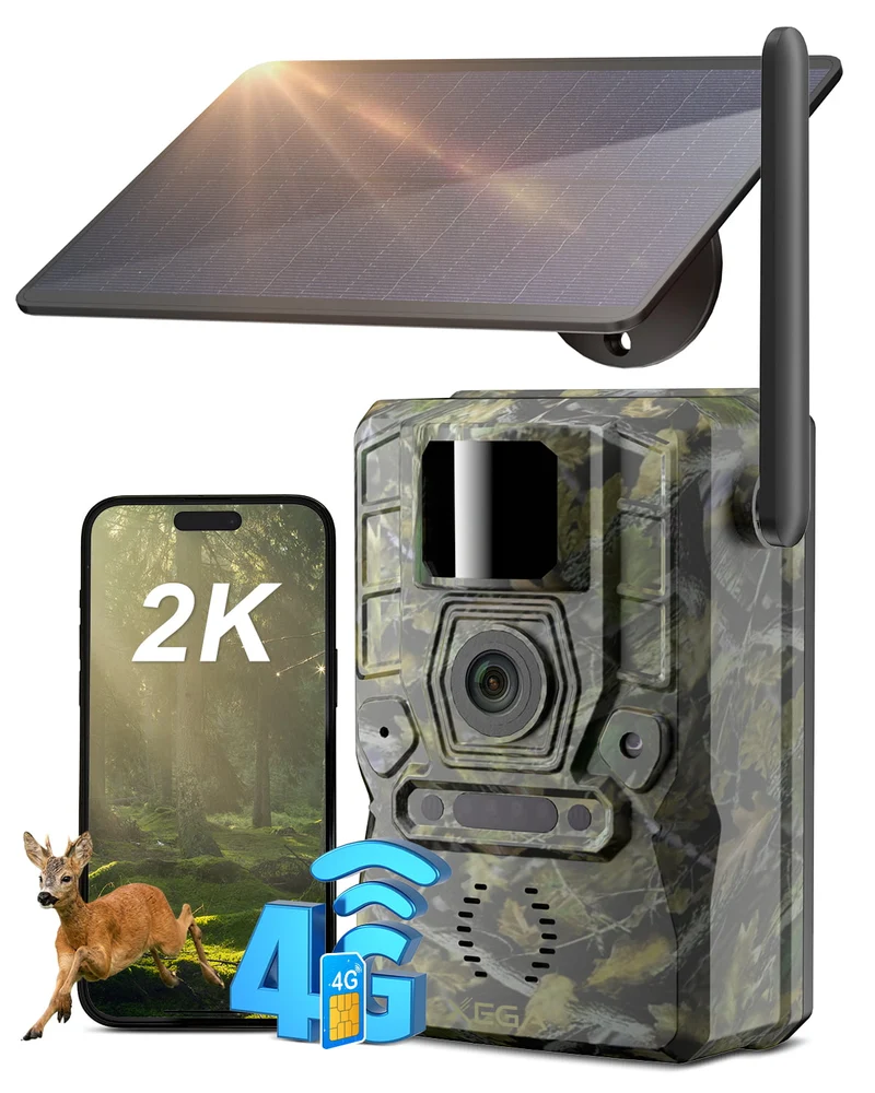 Xega XG-11 4G LTE Fototrappola con SIM,2K Solare Notturna da Caccia con Batteria,Telecamere da Esterno Senza Fili con Infrarossi Invisibili,Allarme Istantaneo,Rilevamento PIR,GPS