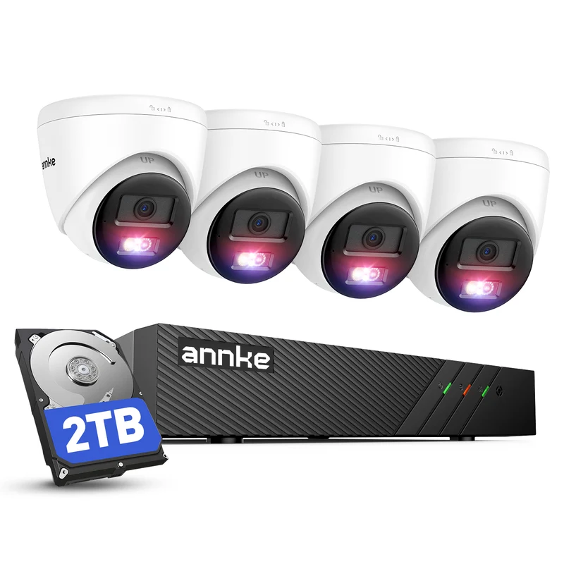 ANNKE Set di telecamere di sorveglianza PoE, 8MP 8CH NVR con HDD da 2TB e 4 telecamere IP PoE 3K con visione notturna a colori, H.265+, compatibile con Alexa, IP67, impermeabile, registrazione audio