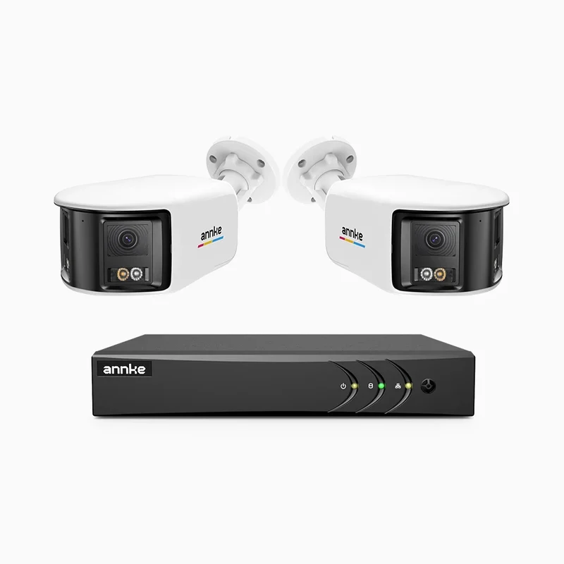 ACDK500 - Kit videosorveglianza analogica 8 canali con 2 telecamere 3K, doppio obiettivo, panoramica 180°, visione notturna intelligente Dual Light, Microfono Incorporato, protezione IP67