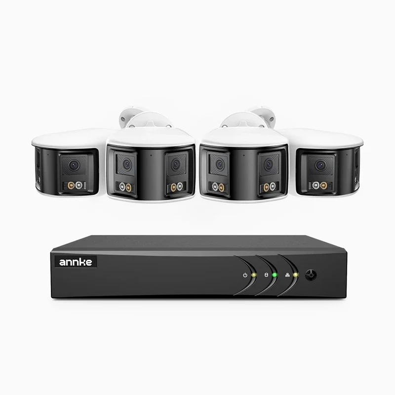 ACDK500 - Kit videosorveglianza analogica 8 canali con 4 telecamere 3K, doppio obiettivo, panoramica 180°, visione notturna intelligente Dual Light, Microfono Incorporato, protezione IP67