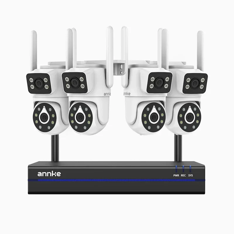 WCDS400 - Kit videosorveglianza wireless 8 canali con 4 telecamere 4 MPX, WiFi dual-band 2,4/5 GHz Pro, rilevamento umano AI, audio bidirezionale, rotazione 350° e inclinazione 90°, compatibile con Alexa