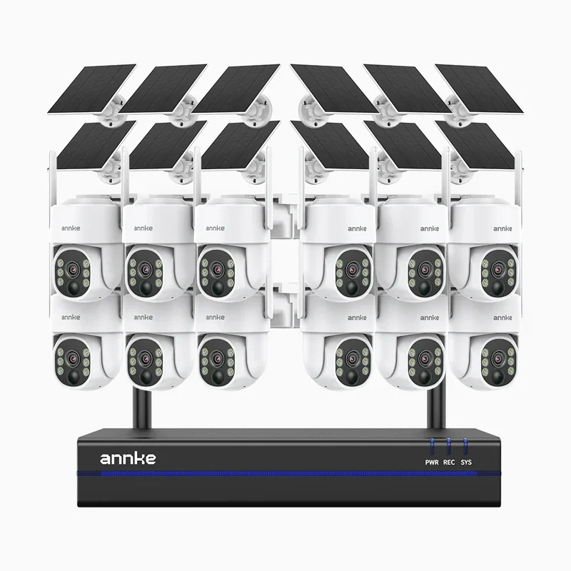 WBS400 - Kit videosorveglianza wireless 16 canali con 12 telecamere 4 MPX, WiFi Dual-Band, Pan 270° e Tilt 90°, Batteria da 9000mAh con Pannello Solare, Rilevamento del Movimento, Audio Bidirezionale