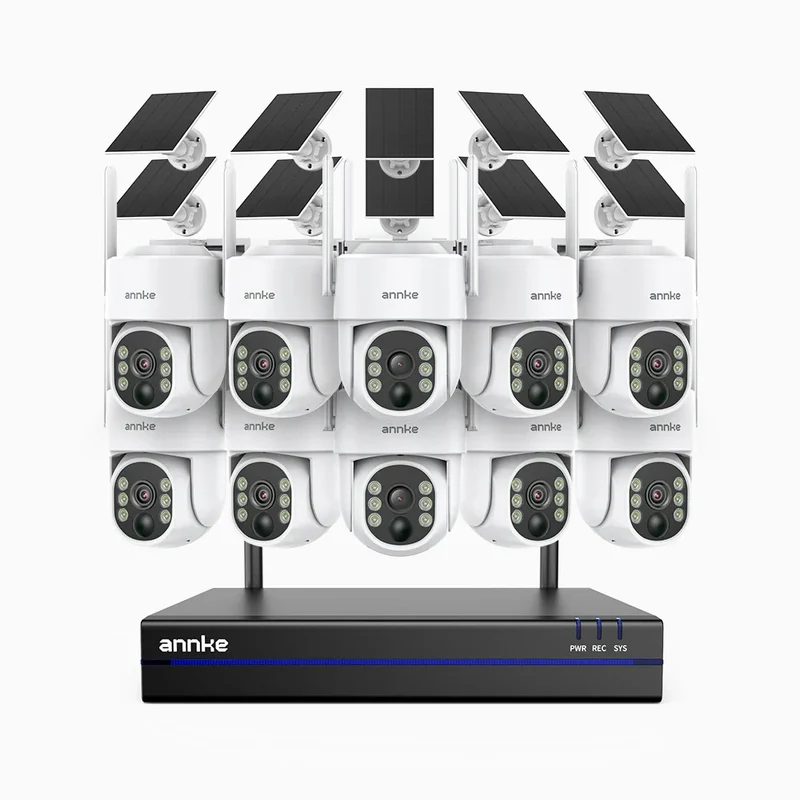 WBS400 - Kit videosorveglianza wireless 16 canali con 10 telecamere 4 MPX, WiFi Dual-Band, Pan 270° e Tilt 90°, Batteria da 9000mAh con Pannello Solare, Rilevamento del Movimento, Audio Bidirezionale