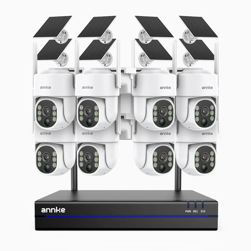 WBS400 - Kit videosorveglianza wireless 8 canali con 8 telecamere 4 MPX, WiFi Dual-Band, Pan 270° e Tilt 90°, Batteria da 9000mAh con Pannello Solare, Rilevamento del Movimento, Audio Bidirezionale