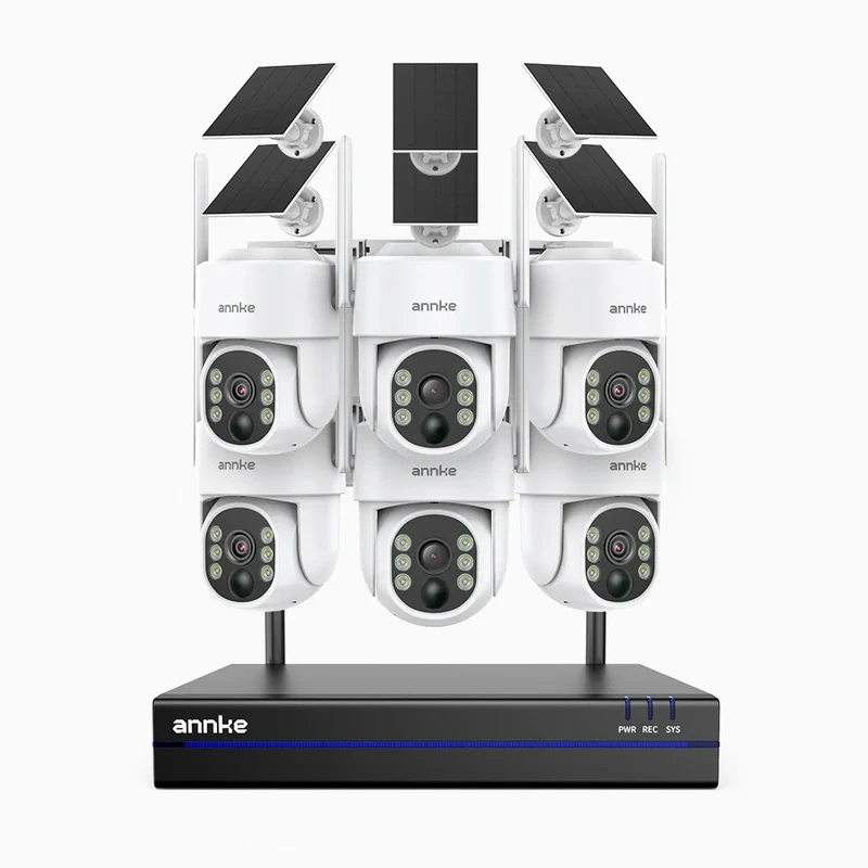 WBS400 - Kit videosorveglianza wireless 8 canali con 6 telecamere 4 MPX, WiFi Dual-Band, Pan 270° e Tilt 90°, Batteria da 9000mAh con Pannello Solare, Rilevamento del Movimento, Audio Bidirezionale