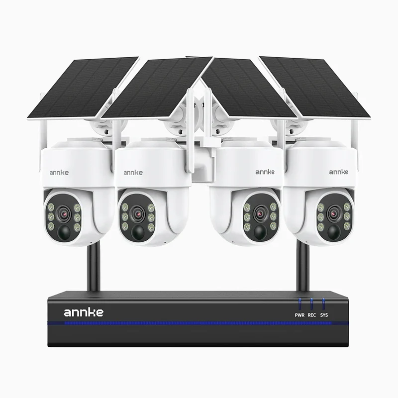 WBS400 - Kit videosorveglianza wireless 8 canali con 4 telecamere 4 MPX, WiFi Dual-Band, Pan 270° e Tilt 90°, Batteria da 9000mAh con Pannello Solare, Rilevamento del Movimento, Audio Bidirezionale