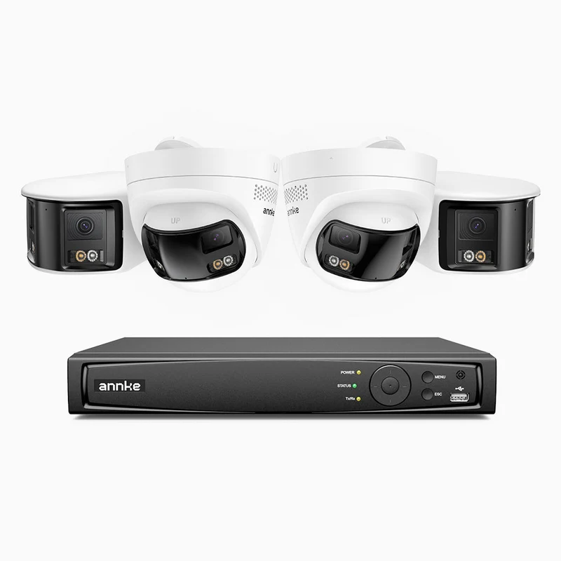 FDH600 - Kit videosorveglianza PoE doppia lente 8 canali 6MPX, 2 telecamere bullet e 2 telecamere, ultra grandangolo 180°, visione notturna intelligente a doppia luce, audio bidirezionale, sirena e allarme attivi, rilevamento persone e veicoli, IP67