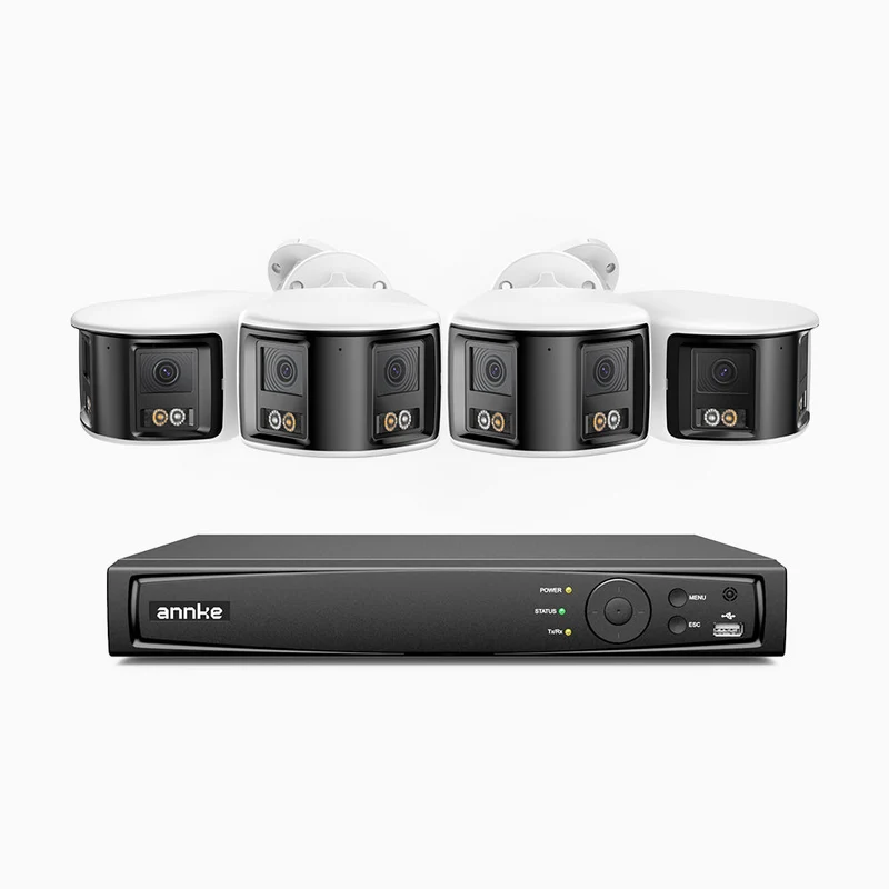 FDH600 - Kit videosorveglianza PoE 8 canali con 4 doppia lente telecamere 6MPX, ultra grandangolo 180°, visione notturna intelligente a doppia luce, audio bidirezionale, sirena e allarme attivi, rilevamento persone e veicoli, IP67