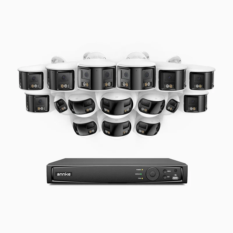 FDH800 - Kit videosorveglianza PoE doppia lente 16 canali 4K, 8 telecamere bullet e 8 telecamere, vista panoramica a 180°, campo visivo verticale di 77°, visione notturna intelligente a colori, deterrenza attiva e audio bidirezionale