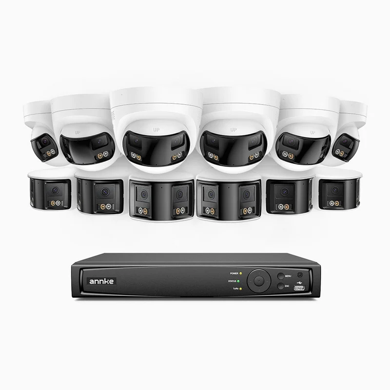 FDH800 - Kit videosorveglianza PoE doppia lente 16 canali 4K, 6 telecamere bullet e 6 telecamere, vista panoramica a 180°, campo visivo verticale di 77°, visione notturna intelligente a colori, deterrenza attiva e audio bidirezionale