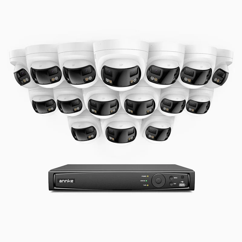 FDH800 - Kit videosorveglianza PoE 16 canali con 16 doppia lente telecamere 4K, vista panoramica a 180°, campo visivo verticale di 77°, visione notturna intelligente a colori, deterrenza attiva e audio bidirezionale