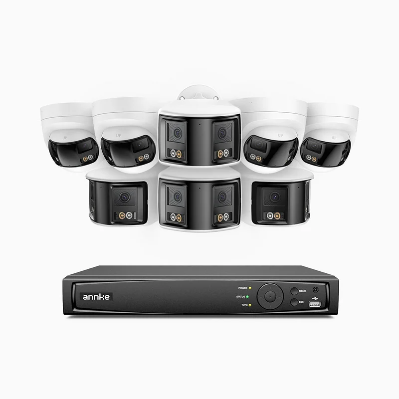 FDH800 - Kit videosorveglianza PoE doppia lente 8 canali 4K, 4 telecamere bullet e 4 telecamere, vista panoramica a 180°, campo visivo verticale di 77°, visione notturna intelligente a colori, deterrenza attiva e audio bidirezionale
