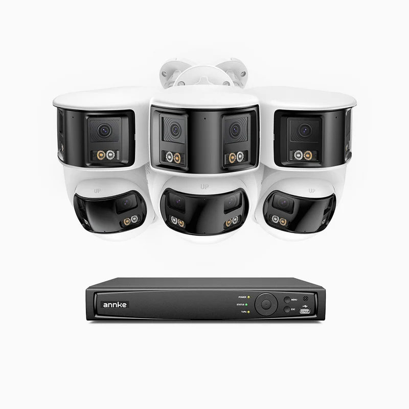 FDH800 - Kit videosorveglianza PoE doppia lente 8 canali 4K, 3 telecamere bullet e 3 telecamere, vista panoramica a 180°, campo visivo verticale di 77°, visione notturna intelligente a colori, deterrenza attiva e audio bidirezionale