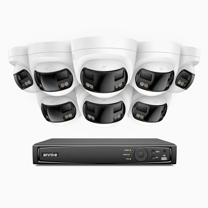 FDH800 - Kit videosorveglianza PoE 8 canali con 8 doppia lente telecamere 4K, vista panoramica a 180°, campo visivo verticale di 77°, visione notturna intelligente a colori, deterrenza attiva e audio bidirezionale