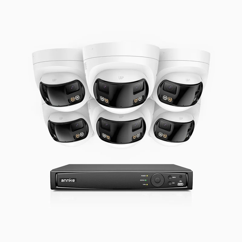 FDH800 - Kit videosorveglianza PoE 8 canali con 6 doppia lente telecamere 4K, vista panoramica a 180°, campo visivo verticale di 77°, visione notturna intelligente a colori, deterrenza attiva e audio bidirezionale