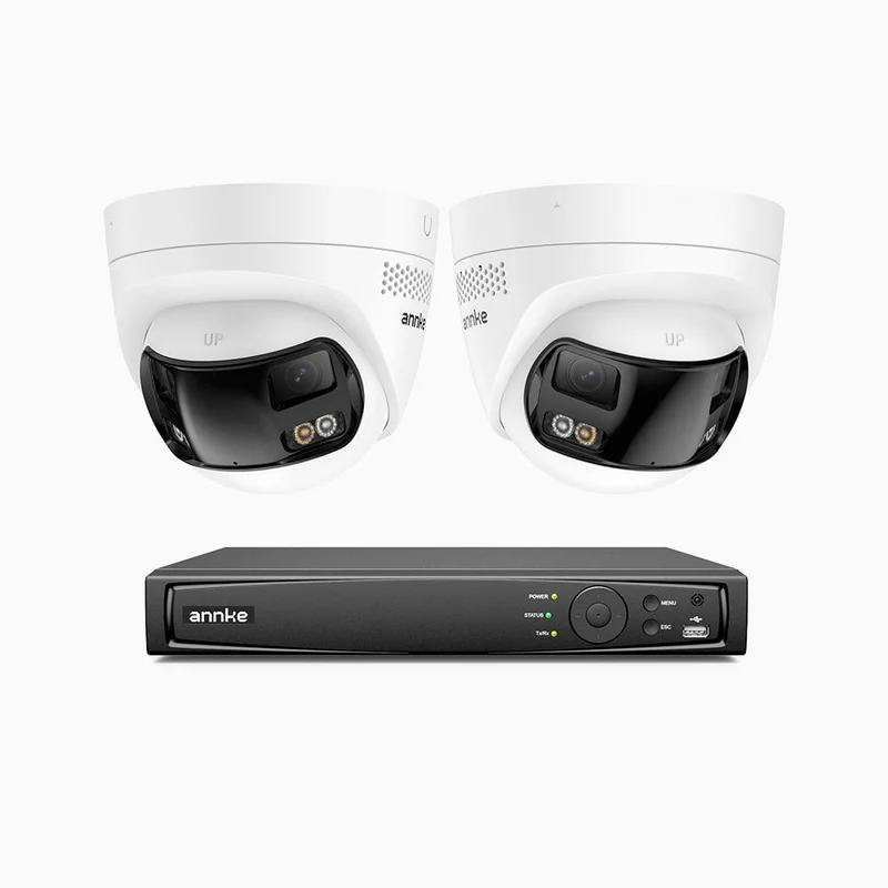 FDH800 - Kit videosorveglianza PoE 8 canali con 2 doppia lente telecamere 4K, vista panoramica a 180°, campo visivo verticale di 77°, visione notturna intelligente a colori, deterrenza attiva e audio bidirezionale