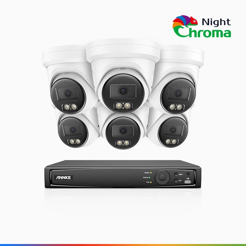 NightChroma TM NBRK800 - Kit videosorveglianza PoE 8 canali con 6 telecamere 4K, Esterno con Luci Rosse e Blu Lampeggianti & Sirena, 3840*2160@25 fps, Acme Color & Visione Notturna IR, Rilevamento di Persone & Veicoli, Audio Bidirezionale, IP67