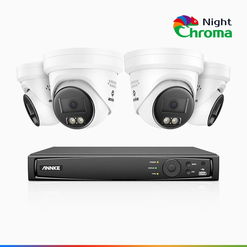 NightChroma TM NBRK800 - Kit videosorveglianza PoE 8 canali con 4 telecamere 4K, Esterno con Luci Rosse e Blu Lampeggianti & Sirena, 3840*2160@25 fps, Acme Color & Visione Notturna IR, Rilevamento di Persone & Veicoli, Audio Bidirezionale, IP67