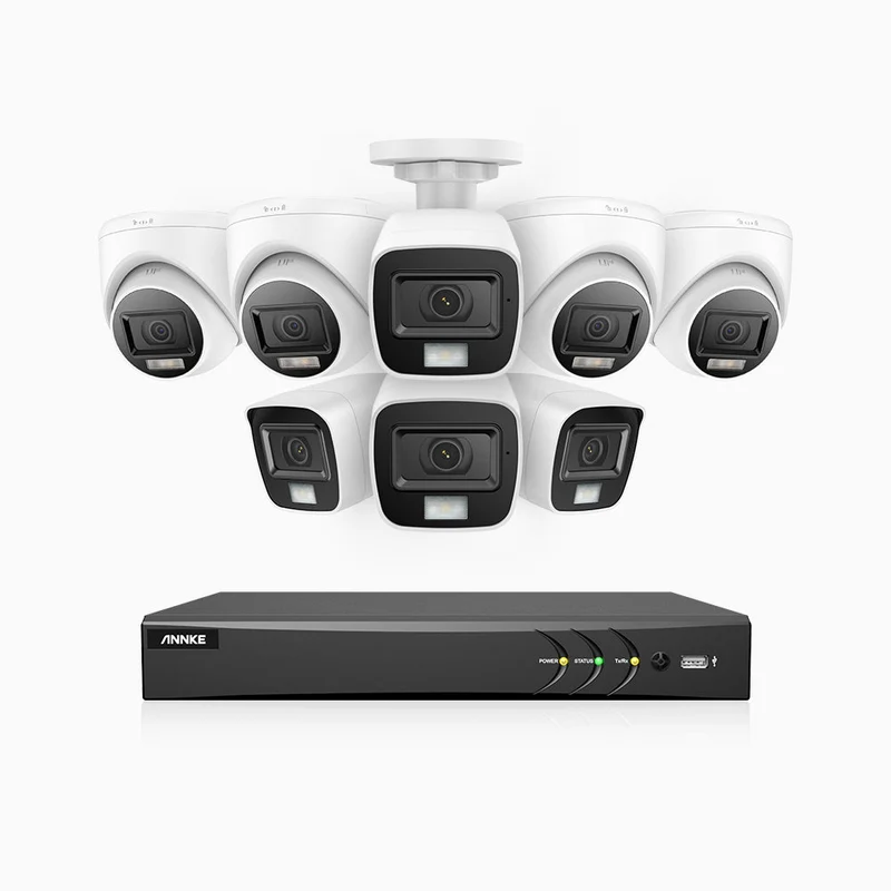 ADLK800 - Kit videosorveglianza analogica 8 canali 4K, 4 telecamera bullet e 4 telecamera turret, Visione notturna a doppia luce, 3840x2160@20fps, apertura superiore f/1.6, segnale di uscita 4-in-1, IP67