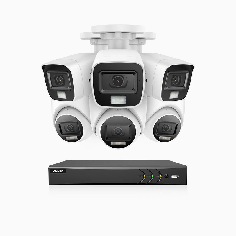 ADLK800 - Kit videosorveglianza analogica 8 canali 4K, 3 telecamera bullet e 3 telecamera turret, Visione notturna a doppia luce, 3840x2160@20fps, apertura superiore f/1.6, segnale di uscita 4-in-1, IP67