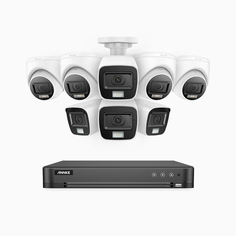 ADLK800 - Kit videosorveglianza analogica 16 canali 4K, 4 telecamera bullet e 4 telecamera turret, Visione notturna a doppia luce, 3840x2160@20fps, apertura superiore f/1.6, segnale di uscita 4-in-1, IP67