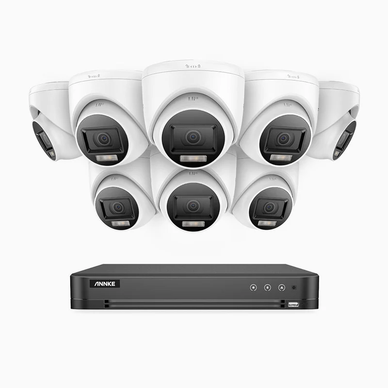 ADLK800 - Kit videosorveglianza analogica 16 canali con 8 telecamere 4K, Visione notturna a doppia luce, 3840x2160@20fps, apertura superiore f/1.6, segnale di uscita 4-in-1, IP67