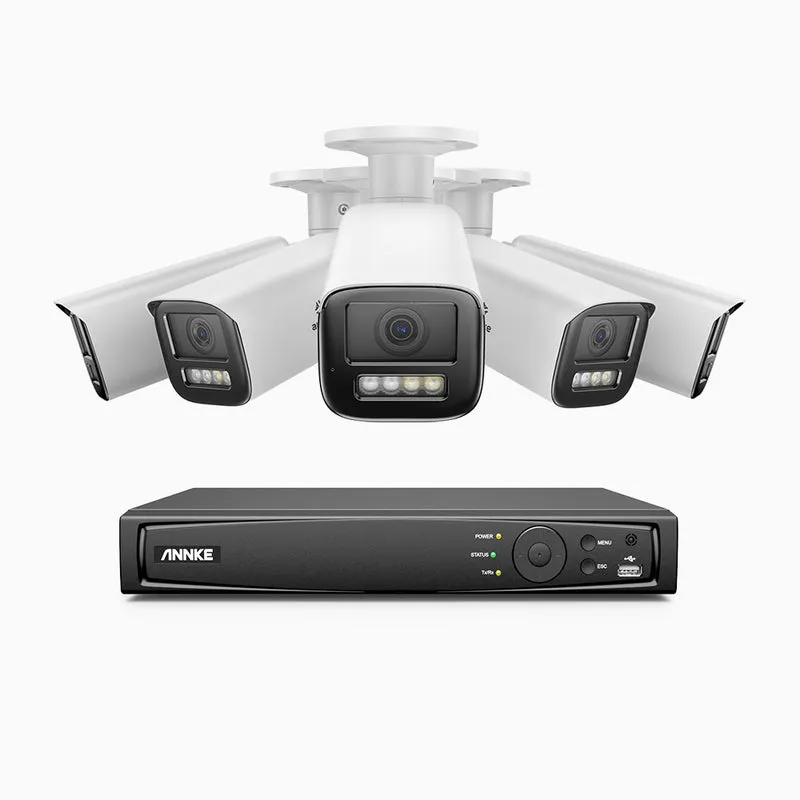 HZ804 - Kit videosorveglianza PoE 8 canali con 5 telecamere 4K, zoom ottico 4X, doppia luce visione notturna, rilevamento del movimento 2.0, Microfono integrato, sirena e allarme stroboscopico