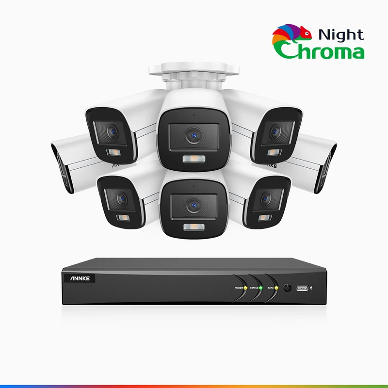 NightChroma TM NAK500 - Kit videosorveglianza 8 canali con 8 telecamere di Sicurezza TVI 3K, visione notturna a colori Acme, Risoluzione 2960 × 1665, Apertura f/1.0 (0.001 Lux), Microfono Integrato, IP67, Versione Aggiornata