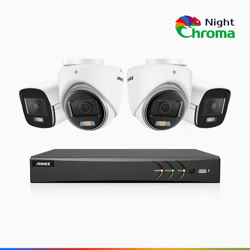 NightChroma TM NAK500 - Kit videosorveglianza di TVI 3K 8 canali, 2 telecamere bullet e 2 telecamere turret, visione notturna a colori Acme, Risoluzione 2960 × 1665, Apertura f/1.0 (0.001 Lux), Microfono Integrato, IP67, Versione Aggiornata