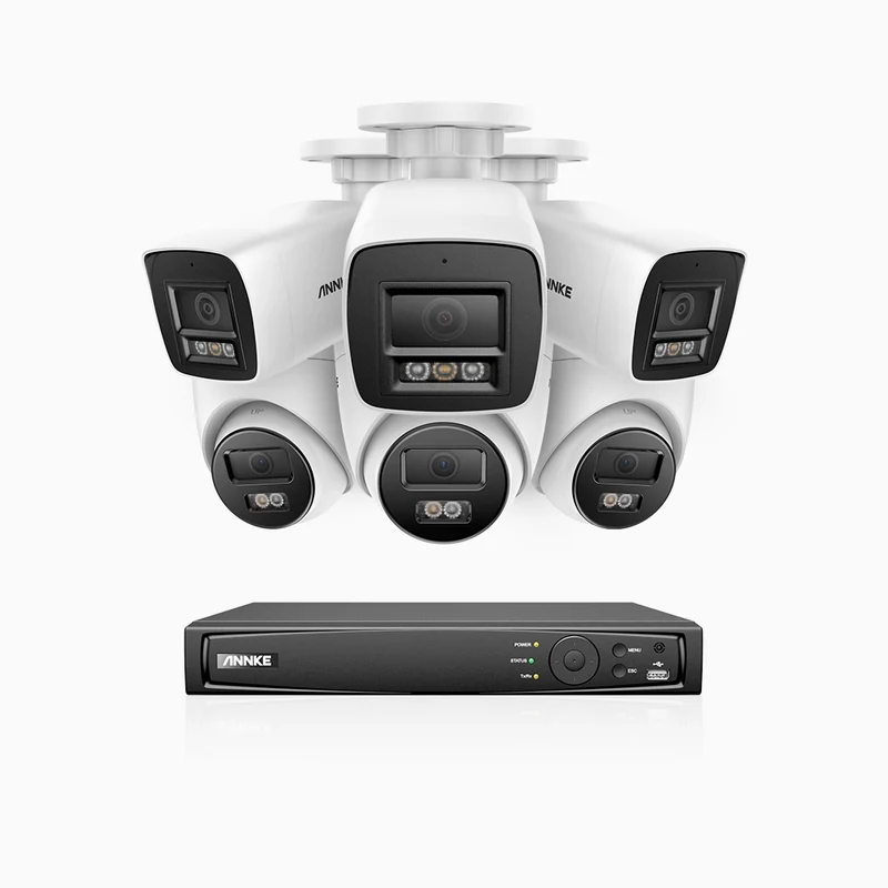 H1200 - 8-channel 4K 12MP PoE video surveillance kit, 3 bullet cameras and 3 turret cameras, visione notturna a colori e IR, Rilevamento umano e veicolare, H.265+, Microfono integrato, IP67
