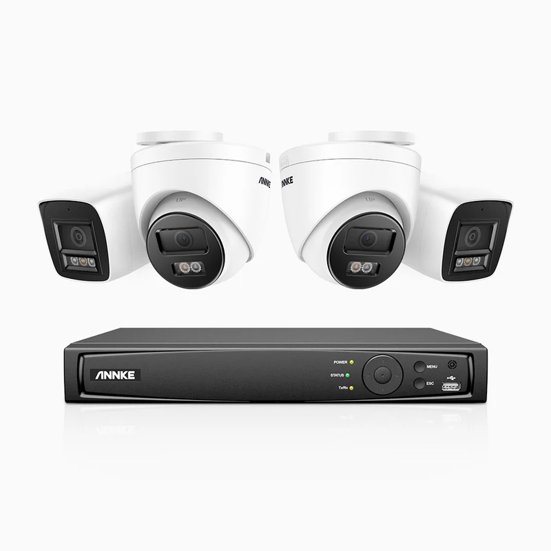 H1200 - 8-channel 4K 12MP PoE video surveillance kit, 2 bullet cameras and 2 turret cameras, visione notturna a colori e IR, Rilevamento umano e veicolare, H.265+, Microfono integrato, IP67