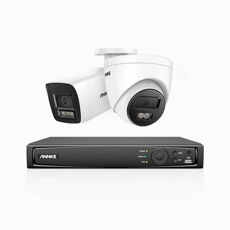 H1200 - 8-channel 4K 12MP PoE video surveillance kit, 1 bullet cameras and 1 turret cameras, visione notturna a colori e IR, Rilevamento umano e veicolare, H.265+, Microfono integrato, IP67