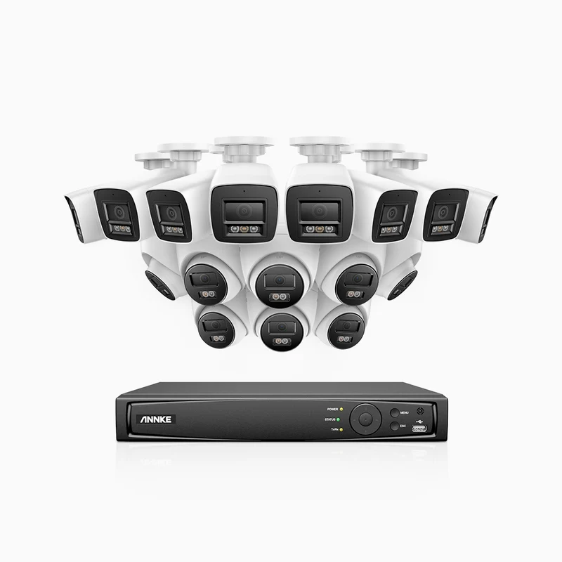H1200 - 16-channel 4K 12MP PoE video surveillance kit, 8 bullet cameras and 8 turret cameras, visione notturna a colori e IR, Rilevamento umano e veicolare, H.265+, Microfono integrato, IP67