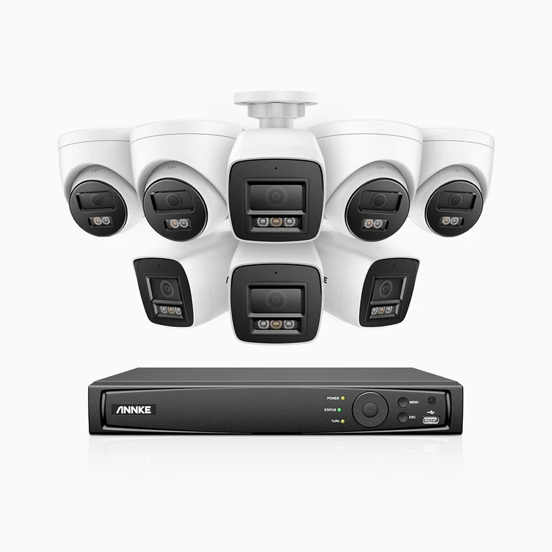 H1200 - 16-channel 4K 12MP PoE video surveillance kit, 4 bullet cameras and 4 turret cameras, visione notturna a colori e IR, Rilevamento umano e veicolare, H.265+, Microfono integrato, IP67