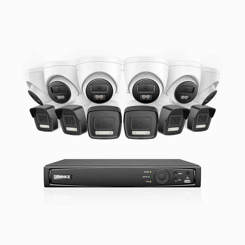 H500P - Kit videosorveglianza PoE 16 canali 3K, 6 telecamera bullet e 6 telecamera turret, visione notturna a colori e IR, 3072 × 1728 @ 20 fps, Rilevamento di persone e veicoli, Audio bidirezionale, IP67