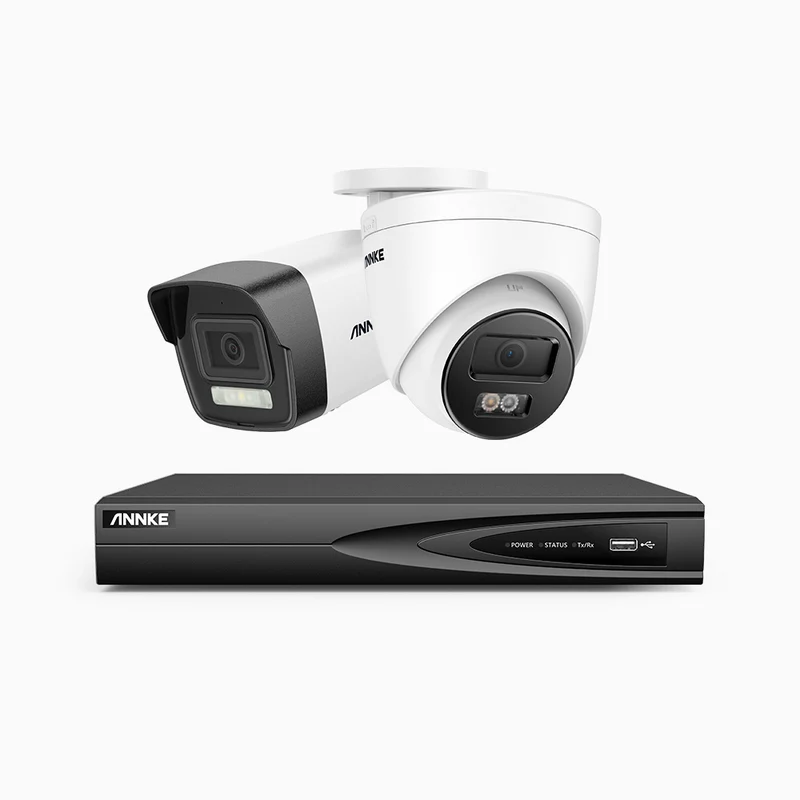 H500P - Kit videosorveglianza PoE 4 canali 3K, 1 telecamera bullet e 1 telecamera turret, visione notturna a colori e IR, 3072 × 1728 @ 20 fps, Rilevamento di persone e veicoli, Audio bidirezionale, IP67